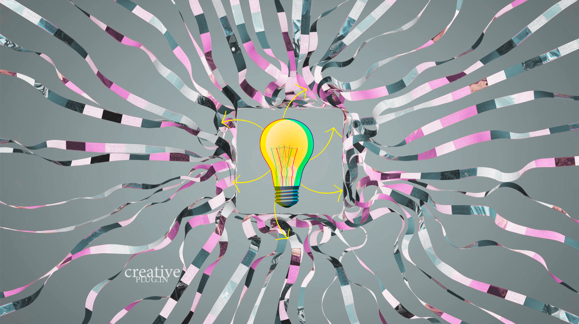 Eine leuchtende Glühbirne im Zentrum von bunten, spiralförmigen Linien.