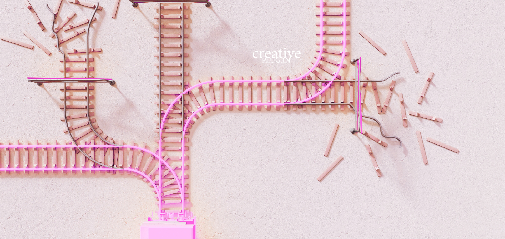 Zwei Gleise mit abzweigenden Holzschienen und einem pinken Hintergrund.