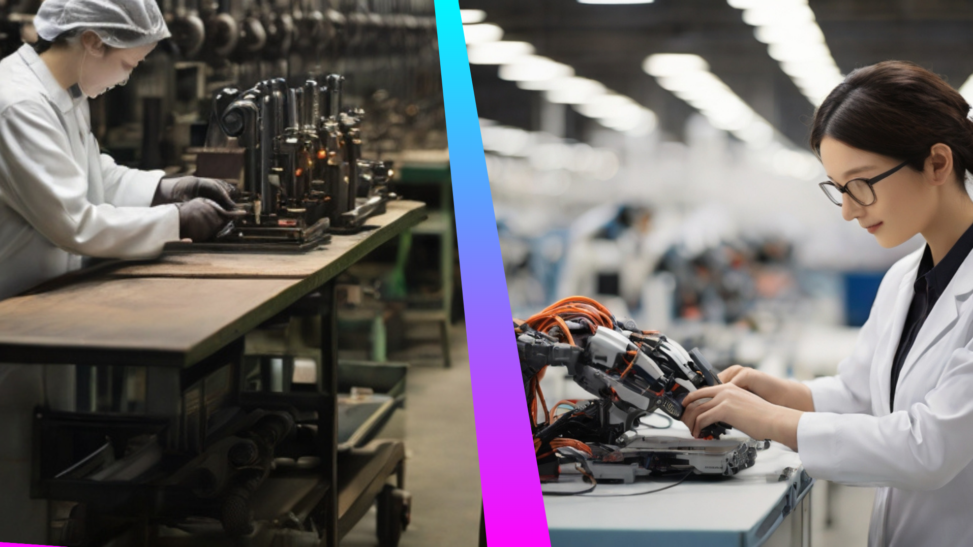 Zwei Personen in Laborkleidung arbeiten in einer Fabrik: Ein Blick in die Zukunft:&nbsp;
Kommt KI nach deinem Job?